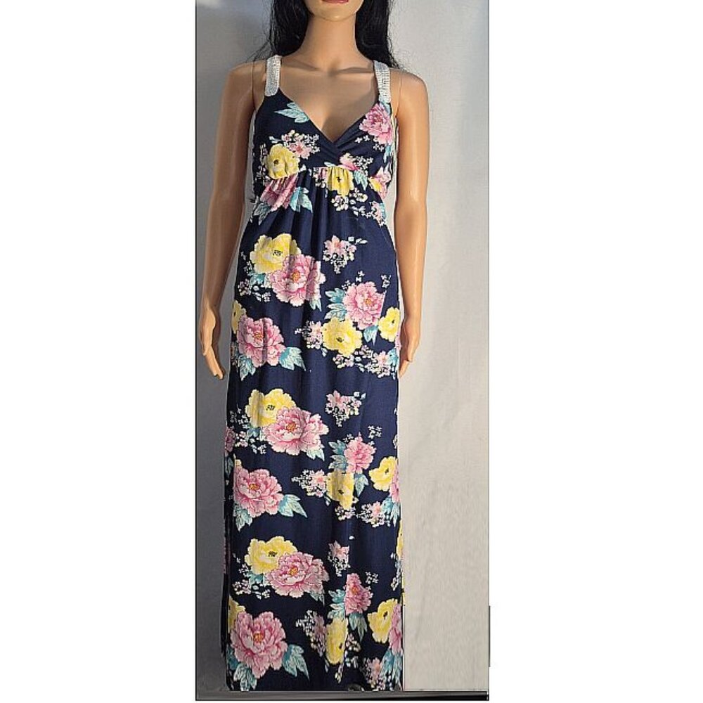 Derek Heart maxi dress, sleeveless, Dark Blue w/ floral design & crochet, small